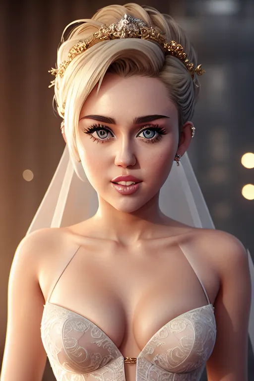 a illustration of,miley cyrus,wearing wedding dress,standing,in a dystopian future,natural breasts,five slender fingers,fishtail hair,charming face,beautiful lips,detailed large eyes,curved eyebrows,joyful,wearing golden ring,unreal engine,bokeh,surreal,artstation,studio lighting