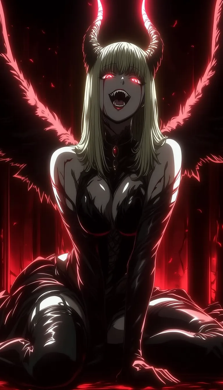 dark_art_style, 1girl, solo, demon girl, succubus, bat wings, black wings, horns, fangs, sharp teeth, long hair, blonde hair, red eyes, glowing eyes, seductive, aggressive expression, open mouth, gothic outfit, black dress, lace, feather details, dark fantasy, sitting pose, leaning forward, looking at viewer, red background, blood red lighting, dramatic lighting, high contrast, intense atmosphere, shadows, cinematic lighting, ultra detailed, masterpiece, best quality
