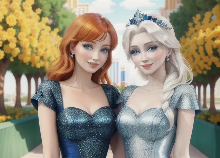 beautiful auburn haired Queen Anna in green and her platinum haired Sister, Elsa, in blue, with their beautiful sapphire eyes, visit Las Vegas. Their warm sweet smiles brightening every day.