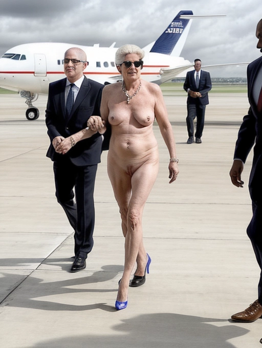 A naked mature middle aged lady, natural saggy breasts, aroused vulva, pot belly, is a bold and uninhibited VIP with her security body guards as she walks brazenly naked wearing only her high heel shoes, through the tarmac from her private jet at a public airport, Imelda Zammer, famous jazz singer, walking through the airport with her naked breasts and vagina on show for everyone to see. Oh darling are you getting a good look at my pussy.