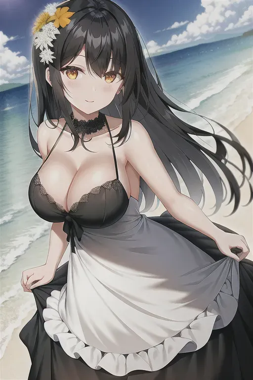 A black haired girl with orange eyes standing on a beach wearing a wedding dress