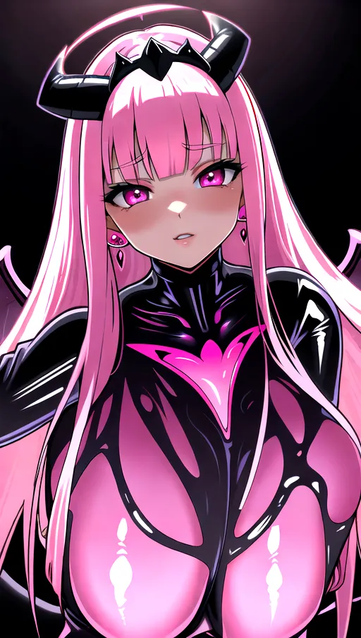 best quality, ultra high res, detailed face and eyes, perfect face, big shining heart choker, earrings, jewelry, very long voluminous hair, (pink glowing hair:1.2), lipstick, black long sleeves, purple glowing heart, demon mark, straight hair, (huge boobs:1.3), black demon horns, very very long hair, perfect face and eyes, straight hair, sexy succubus girl, pink glowing eyes, (demon wings:1.2), big glowing cameltoe, (black latex suit:1.4), dark background, (pink glowing demon diadem:1.3), on all fours, dark spiked crown, succubus tail, demon tail