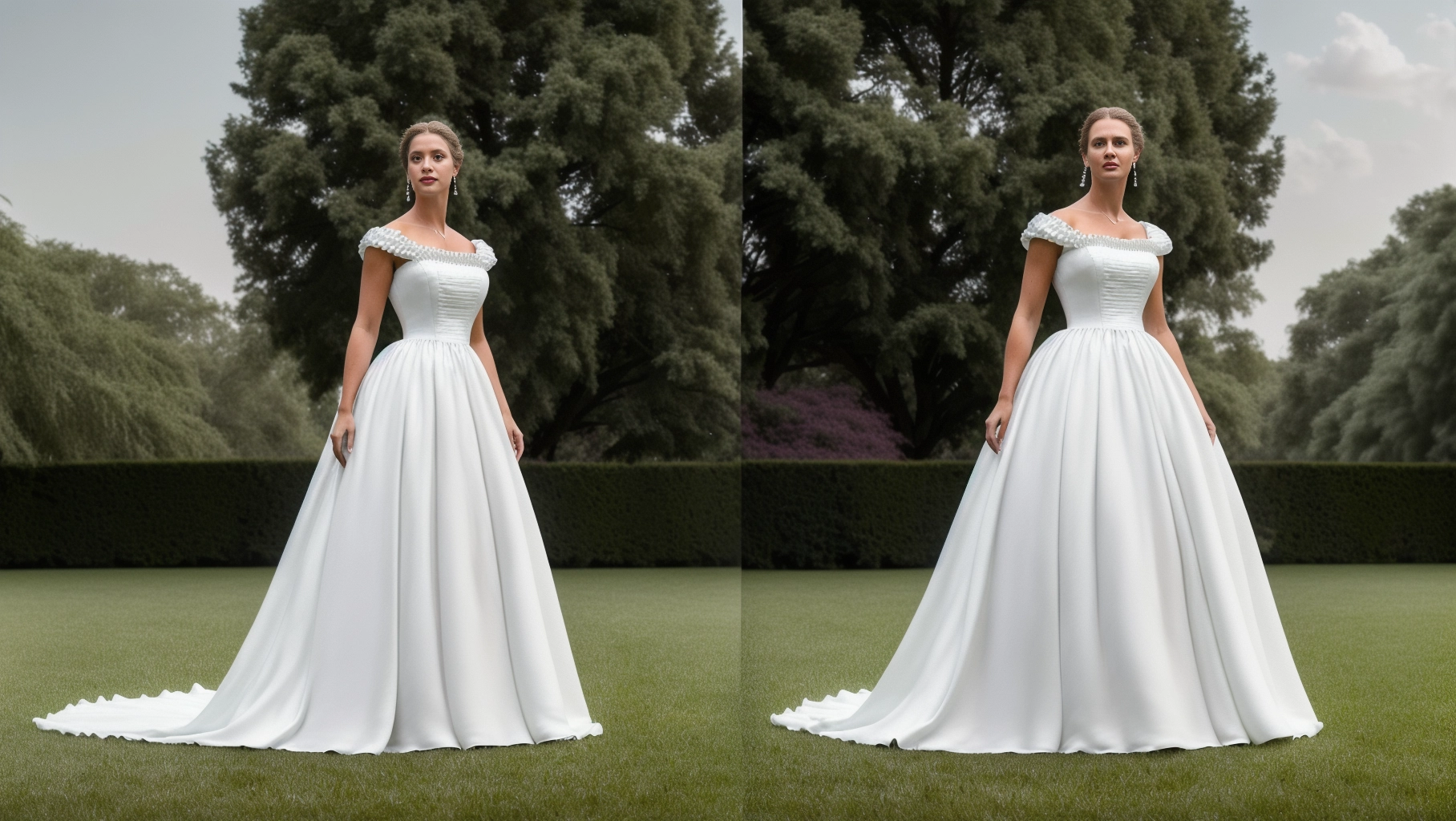 teen girl wearing long white dress, (highly detailed 8K HDR photo:1.2), (hyper real face), accurate facial detail, 8k, UHD, full body view, standing out side on the lawn, hyper accurate facial detail, full body pose, dark blonde hair, full body view, wearing a 19th century white dress