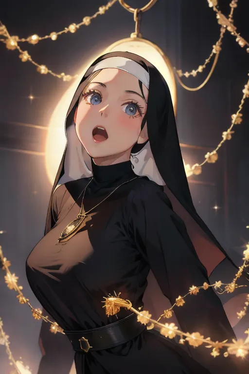 nun, beautiful, masterpiece, best quality, extremely detailed face, perfect lighting, one girl, solo, hypnotized by swinging pendant, sudden surprised look, accurate face, realistic, mouth open, wide open eyes, clothes open to expose breasts and nipples