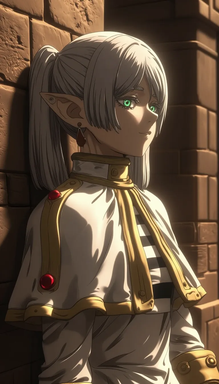 dark_art_style. Frieren, an elegant elf woman with silver hair tied into twin ponytails stands by a stone wall bathed in warm, magical light. Her emerald eyes shine with quiet intelligence and grace. She wears a white and gold-trimmed robe adorned with red gemstones, blending the look of a healer and a scholar. The soft glow around her gives a sense of purity and calm strength, as if she is a guardian of ancient wisdom within a sacred sanctuary.