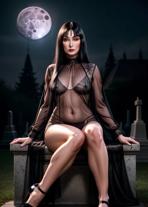 A (full-body shot:1.3) (wide-angle shot) of, (Anjelica Huston circa 1990) as Morticia Addams, goth look, (wearing a sheer black (see-through:1.3) floor-length pencil-dress neglige), (visible nipples and pubic hair:1.3), wearing sheer black panties, wearing black strapped stiletto heels, pale skin, blood red lipstick, (black nail polish), black eye shadow, raven-black hair, a single red rose between her teeth, (in a misty cemetary at night), with light from a (large full moon:1.3), sitting on a marble bench with Gomez Addams, neo-noir style, cgstation,
(<lora:dpmg_add_detail:0.95>), (four anatomically-correct pretty fingers and one proportional opposable thumb per visible hand:1.3), (beautiful symmetric detailed glossy eyes:1.3), beautiful lips, curved eyebrows, detailed face, detailed textured skin, realistic detailed hair, pretty teeth, skin pores, pretty realistic feet, (pretty symmetric realistic eyes), realistic teeth, realistic mouth, bushy pubic hair, realistic skin color, realistic skin tone,realistic hair color, realistic hair tone, five pretty realistic toes,
(8k RAW photo), (best quality), (masterpiece:1.3), (photorealistic), studio lighting, rim lighting, hair highlighted, UHD, Nikon Z5, (35-80mm zoom lens), (zoom out), f2.8, sharp focus, tack sharp, dof, film grain, Fujifilm XT3, (bokeh), dramatic lighting, rim lighting, subsurface scattering, volumetric lighting, focused, intricate detailed background, dramatic pose, dramatic pov, dramatic angle, dramatic lighting, cinematic composition, (cinematic lighting), HDR, (highest quality:1.8), highest resolution, (photo-realistic:1.72),
--s 250, --v 5.2, --A k_dpm_2,