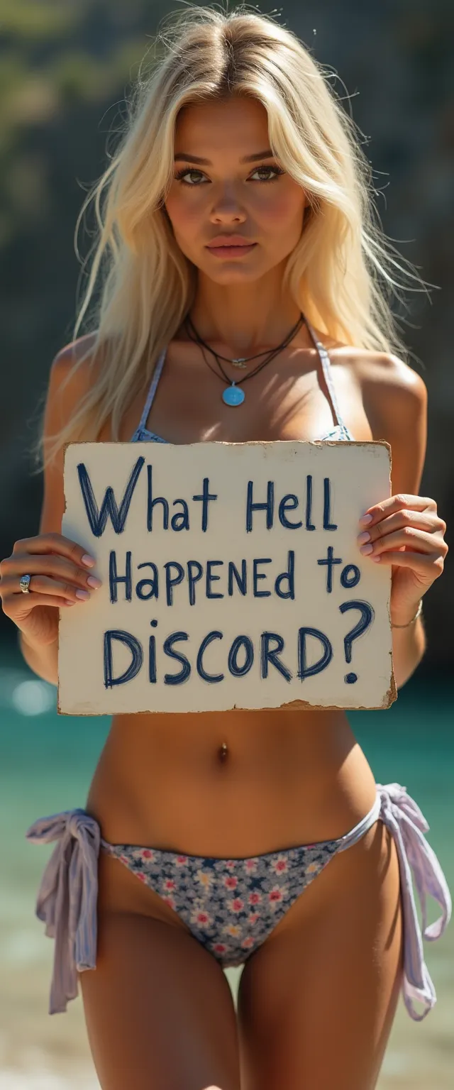 Asian woman in a bikini, blonde, holding a sign which reads, What the hell happened to Discord?