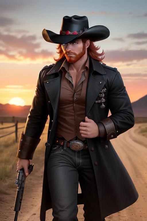 Wild west, Badass cowboi, black cowboi hat with red band and a feather, medium red hair, sharp blue eyes, strong facial features, red beard, fit, muscular, wearing a long trench coat, black shirt, holding a chrome 44. Revolver, gun holster on hips, black pants, walking away from the sunset, high definition, 4k quality, excellent lighting, great shading, pristine detail, very clear picture, accurate at lower promp guidence, five fingers per hand.