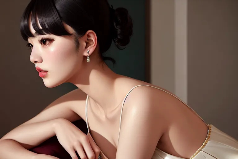 a oil painting of,nana komatsu,wearing frock,arched back pose,at the party,natural breasts,five fingers per hand,short hair,beautiful face,beautiful lips,brown eyes,curved eyebrows,curved eyelid,pale skin,tattoo,editorial,artstation,professional,bokeh,surreal