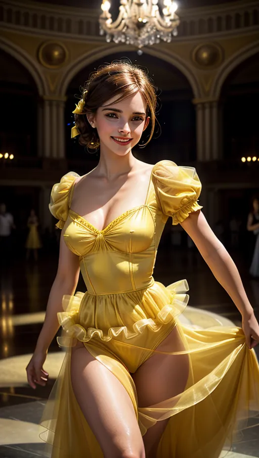 A digital photograph, professional photograph of a beautiful Emma Watson is cosplayed like a sexy Belle with a (tight yellow shoulderless dress with (short puffy sleeves) and (see-through breasts) and (slits)) and is (((dancing in a huge ballroom))) (lit by a huge chandelier), (warm smile:1.6), long brown raised bun hair, beautiful red lips, beautiful eyes, highly detailed, ((perfect small breast)), hard nipples, (cinematic lighting), <lora:dpmg_add_detail:0.6>, holding dress in one hand, tea cups, ((cinematic composition)), Disney atmosphere, f1.4, 8k, UHD, HDR, vivid colours, bokeh, (highest quality:1.8), highest resolution, (photorealist:1.72), (photorealism:1.72), (masterpiece:1.18), --s 250 --v 5.2