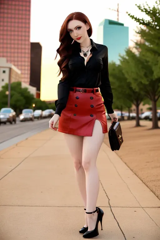 full body, chestnut hair, green eyes, short girl, red miniskirt, black high heels, looking at viewer, long hair, pale skin, black necklace, black shirt, 24 years old, big breasts, cute face, pov, wavy hair, city environment, Oklahoma City, wide eyes, erotic, skirt tug