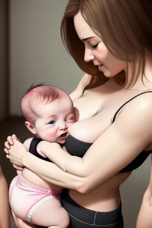 ((Full top body shot ))of ((1 beautiful women breast feeding a white baby)), ((no top on)) perfect beautiful tits))((thick beautiful body)) (Super hot mother breast feeding an infant)) ((with a pink and black booty shorts)) on, ((hyper realistic)) ((highly detailed)) , ((realistic)) ((detailed)) ((cinematic style)) ((photorealistic)) ((photo realism)) a ((realistic concept art)) ,((8k))