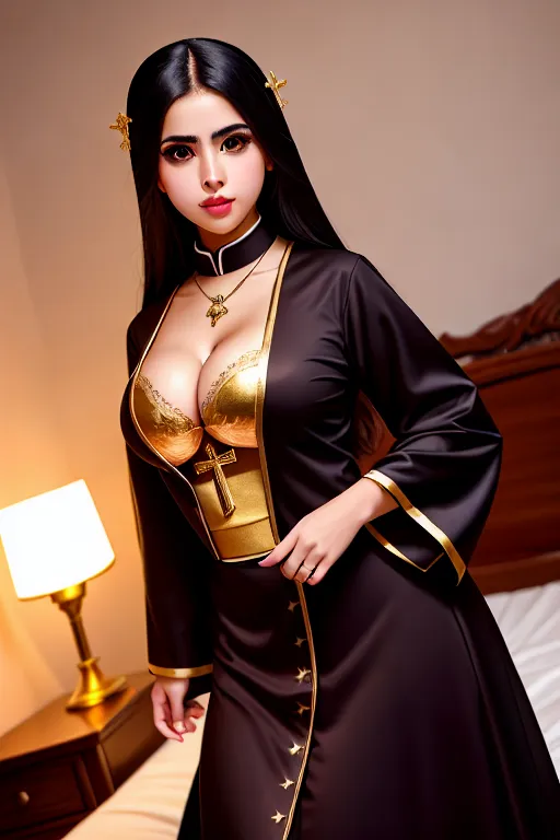 a photograph of,a venezuela girl,wearing priest clothes,dancing,on the bed,big breasts,five slender fingers,charming face,beautiful lips,curved eyebrows,curved eyelid,romantic,wearing golden ring,ultra realistic,studio lighting,pixiv,surreal,sharp focus