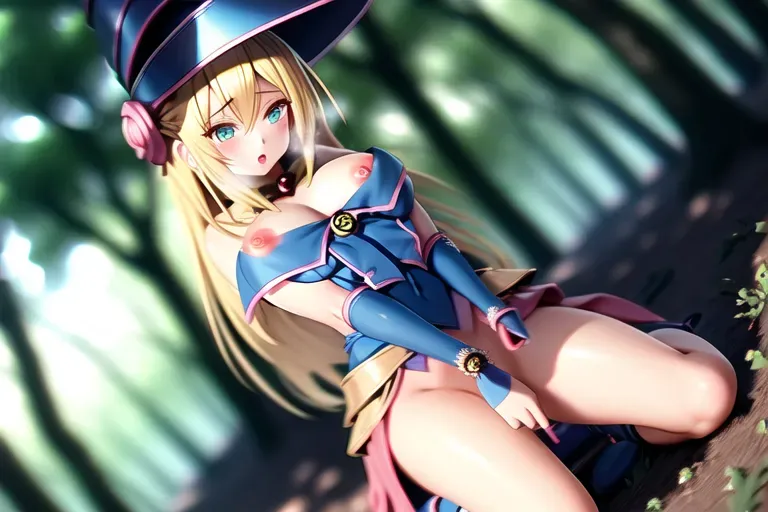 nsfw dark magician girl, mksks style, (very detailed background:1.0), (highly detailed background:1.0), masterpiece, best quality, (1girl), solo, (forest), long hair, blonde hair, blue headwear, wizard hat, spell casting, nature, trees:1.2, motion blur, magic, (moonlight:1.2), chromatic aberration, depth of field, soft lighting, highly detailed face, highly detailed eyes, <lora:dpmg_dark_magician:0.6>