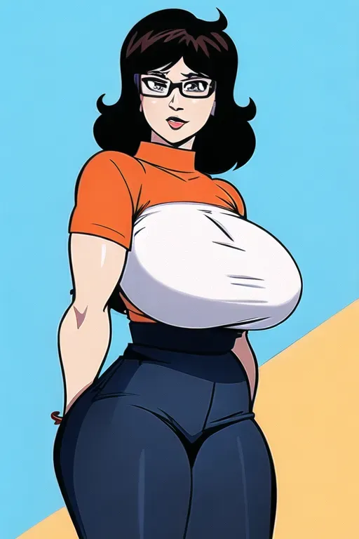 Velma dinkley with big boobs and wide hips staring at the camera while standing