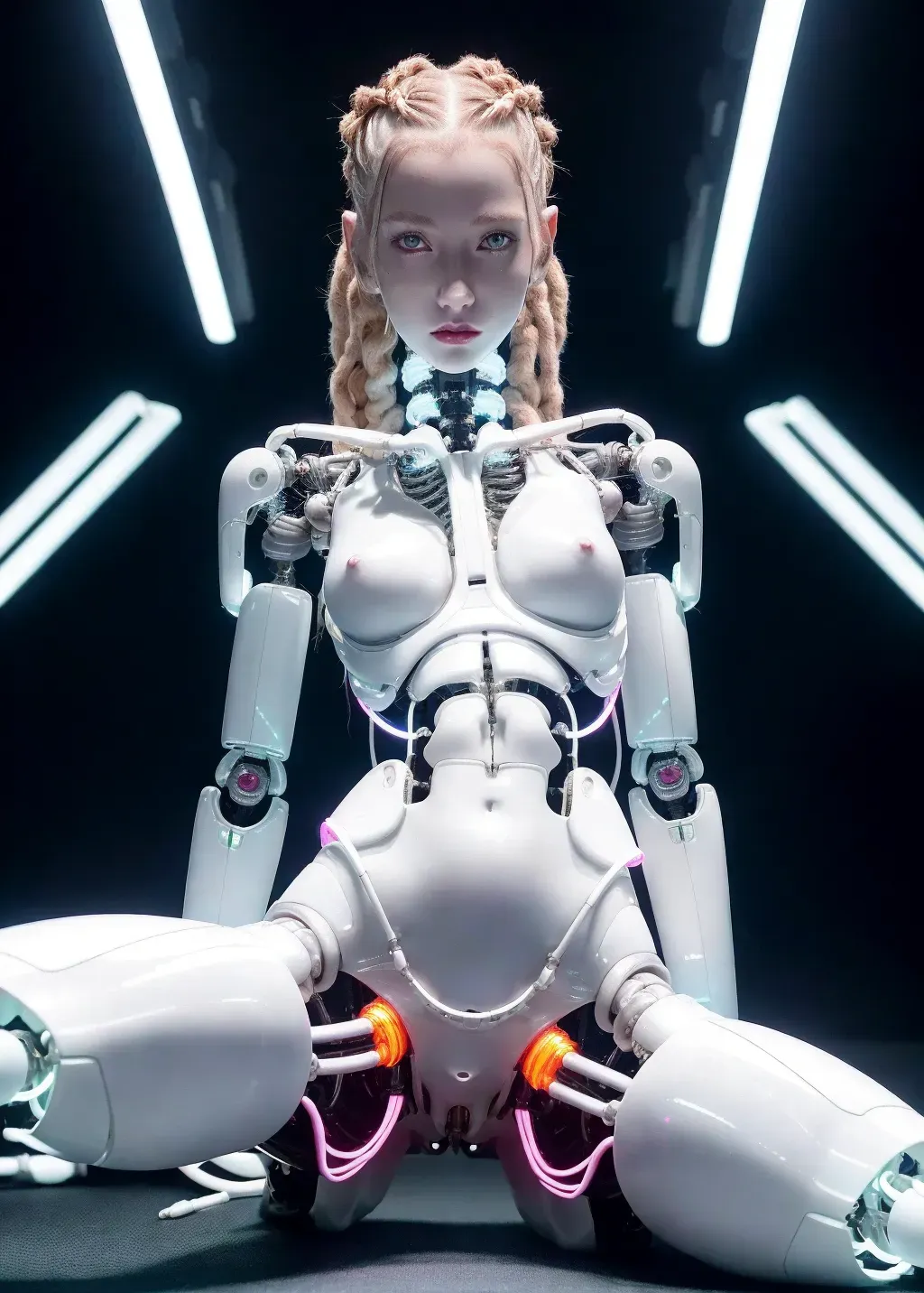 A picture of a skinny young girl with ribs showing, lean and lanky, pale white skinned cyborg woman, light plaid dreadlock and braided hair with luminous beads, futuristic, naked, half Biomechanical cyborg, detailed robot parts, sexy, small breasts, laying on back, legs spread, tattooed face, extremely detailed face, highly detailed body, perfect lighting, lit face, black backdrop with digital highlights, looking at viewer, natural exposed pussy, legs wide open, full lips, wet open large vagina, bright red lips, realistic pussy, soft smooth blue tinged white skin, bright side lighting with deep shadows and contrast