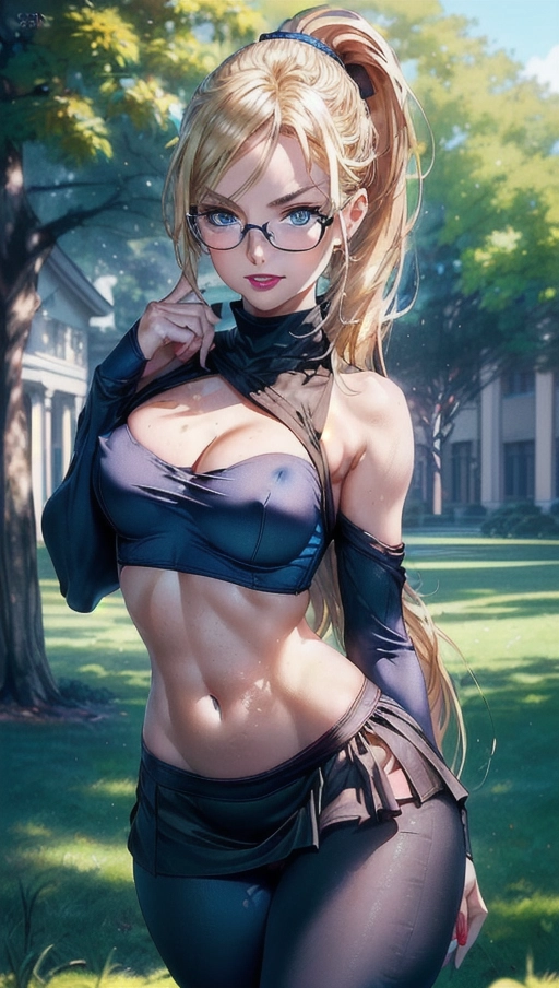 digital art, bold sketch, (outstanding face and hips portrait of a beautiful scandinavian woman:1.2), (25 year old innocent college teacher looking like young Jaime Pressly with some freckles:1.2), (extremely long and straight platina blonde hair in ponytail reaching to her hips:1.4), (dressed in a skintight silk blouse straining over her medium perky breasts:1.4), (long black cotton skirt:1.2), (perfect face), (athletic petite body with slender waist and small tight bottom:1.2), (belly button exposed by midrif top:1.2), (huge cleavage:1.1), (erect nipples poking cloth:1.2), (detailed blue eyes watching the viewer:1.4), (black-framed glasses:1.1), small nose, high cheekbones, full and pouty red lips, (shy smile with open mouth showing some nice teeth:1.1), (dramatic pose and one hand resting on her pushed-out hip:1.2),
(at a college campus watching scantily dressed female college students on the main lawn area:1.4),
(portrait focus on face and hips:1.6), (hyper-realistic:1.2), (masterpiece:1.2), (photorealism:1.2), <lora:dpmg_add_detail:1.0>,
cinematic lightning, artificial lighning, great shadows, best quality, highest quality, highest resolution, 8k, Perfect composition, masterpiece, sharp focus, perfect anatomy, (not more than five fingers on each hand:1.2), not more than two arms, (no ribs visible), (no extra nipples:1.4), (not deformed hand:1.2), (not deformed fingers:1.2), (remove extra hand:1.2), no extra eyes,