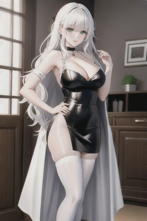 8k quality, green eyes, pale white skin, white hair, giant breasts, cleavage, looking at viewer, pov, long hair, wavy hair, full body photo, standing in living room, smiling, black minidress, miniskirt, high heels, thigh high boots, choker