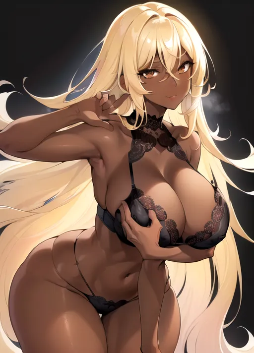 (nsfw), (masterpiece), absurdres, smooth, soft lines, soft edges, perfect edges, (soft lighting), (soft glow), perfect anatomy, detailed background, hair with great details, perfect eyes, perfect face, (view from behind), (looking at viewer),
((beautiful slim girl with long flowing hair)), lip gloss, ((cleavage)), lace underwear, lace bra, smiling,
((afro)), (brown eyes), ((black hair)), ((two color hair)), ((blonde hair)), ((very dark skin)), ((flushed cheeks)), (medium breasts), (thick thighs) (wide hips) erotic, sensual, bedroom background, ((very dark skin)), ((fair skin)),