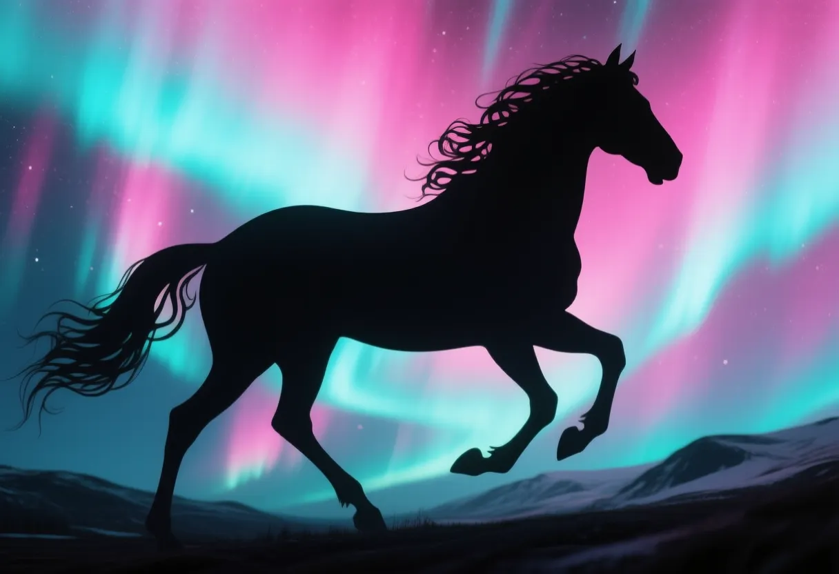 A Mystical Aurora Silhouette of a galloping horse, with dark, intricate outlines against a backdrop of vibrant aurora lights. Use a color palette of rose pink and aquamarine to create a mesmerizing and ethereal atmosphere