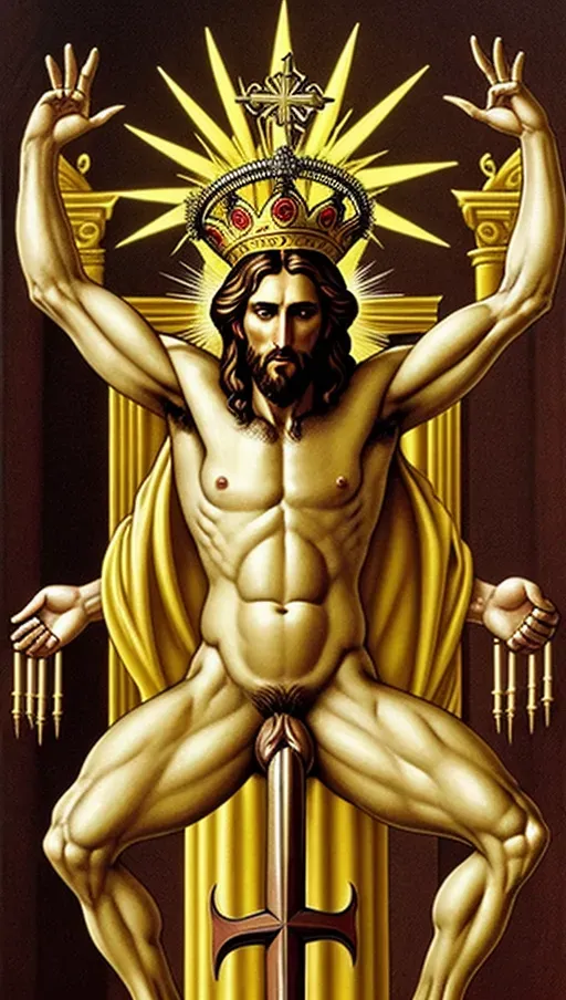 Jesus Christ is standing up naked in the Temple of Solomon. He has a yellow halo around his head. He has a circular crown of rose thorns on his head. He has his left arm and hand stretched out, and the hand has a hole in it. He is masturbating his circumcised cock with his right hand.