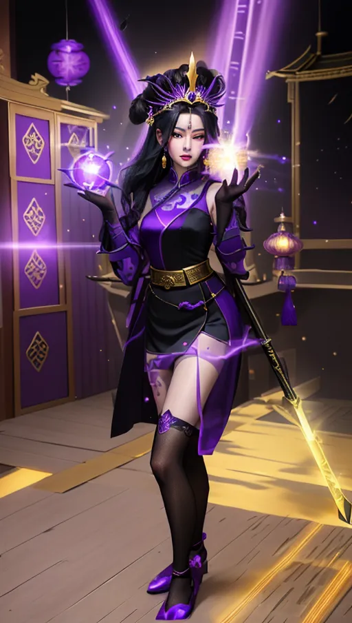 Full body portrait of a purple-clad chinese sorceress with long black hair, casting a magical lightball in both hands, chinese make-up, wearing a pointy golden crown, black rope belt, black book hanging off the side of her belt, knee-high tights, spear on her back, atmospheric, purple writing horizontally written on her right thigh