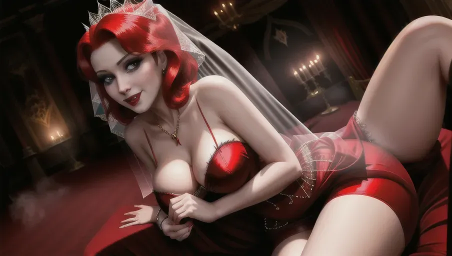medium shot of the sexy vampire vixens of Dracula hungerly at an erotic party with their redheaded hypnotized victim. Drinking, dancing, kissing, seducing their hypnotized victim, placing upon her head a shadowy veil. on a foggy moonlit night in the shadowy ballroom of a decerped old castle. Beautiful redhead still human victim early mid-thirties moderate breasts good sweet innocent, big soft round eyes, warm smile Anna of Arendelle in an elegant Nordic ballgown.
photorealistic. High resolution