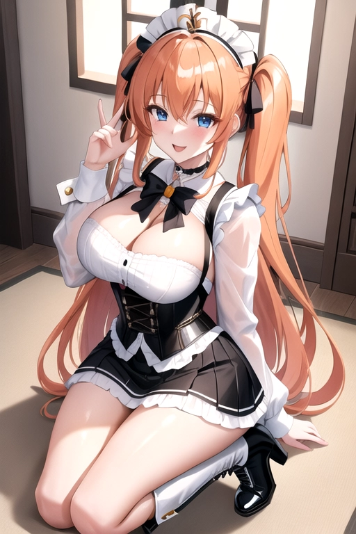 long hair, pale skin, orange hair, blue eyes, black choker, giant H-cup breasts, wavy hair, white maid uniform, smiling, full body photo, 28 years old, miniskirt, cleavage, high heels, corset, 8k quality, boots, in living room, pigtails