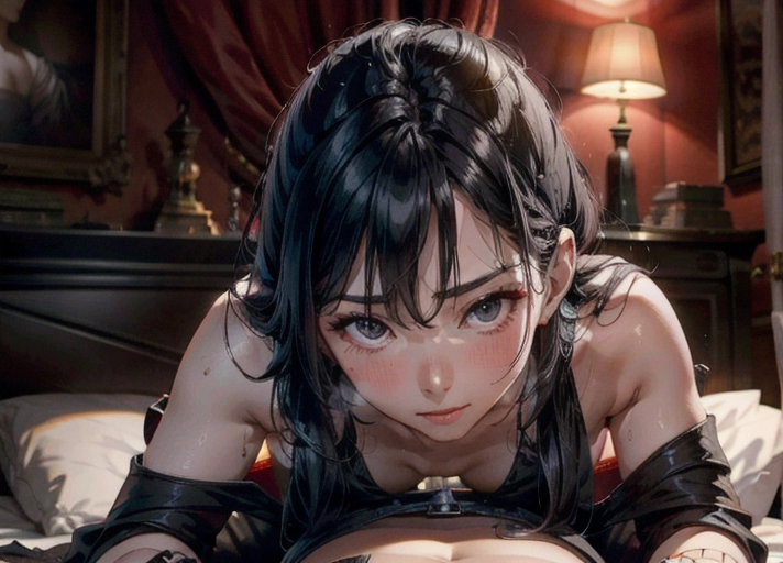 establishing shot, (((loose black long dress))), slim curvy, eurasian woman, (hyper-realistic face:1.3), 32k uhd --ar 9:16 --stylize 750 --v 6, realistic,((((solo)))), nudity, (((long straight black hair))), (small breasts:1), breasts focus, wet skin, lips, perfect-hard-nipples, solo_focus, eye-contact, lifted black long dress, uncensored, ((torn black long dress)),
background hotel bedroom, sweaty, (((exhausted))),uncensored,
<lora:dpmg_add_detail:0.5>, (best quality),
beautiful, (((masterpiece))),(high resolution), (uhd), (8k),
sensual shy smile, ahegao,
in bed, <lora:dpmg_pov_cowgirl:1>, ((<lora:dpmg_ahegao:.2>,
<lora:orgasming_face:.2>))