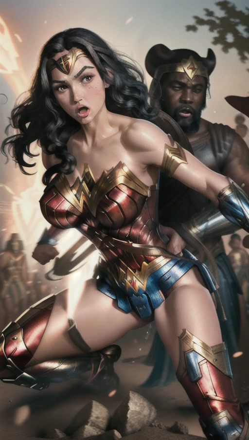 an explicit depiction of ((Wonder Woman getting fucked by a huge black man)), 1 female, 1 black male, cowgirl, spectators, cock fully inserted in pussy, balls deep, cum oozing between her legs, cum on her moth, interracial, (((tears in her eyes))), bruises on her arms