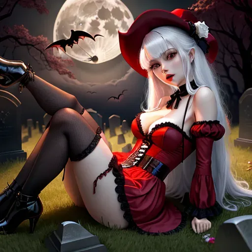 Linda, sexy vampire girl, 22 years old, full moon, graveyard, Victorian era, scary, gore, blood running down on breasts, small breasts, showing two large k9 fangs, red dress, red hat, white hair, white iris, bloody, full lips, moaning, laying on back, legs spread, on a grave, skull head between legs, upskirt,