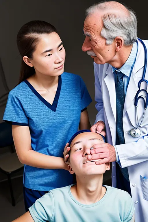 Old male doctor examining a young womans breast, 8k, professional, high resolution,