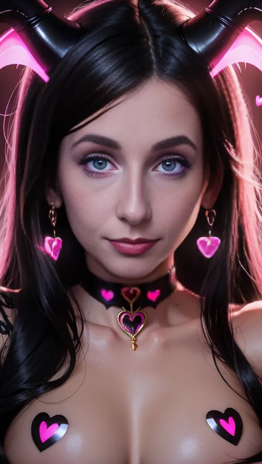 best quality, (((ultra high res))), (detailed face and eyes), ((hearts)), perfect face, ((big heart pasties)), ((heart choker)), golden earrings, jewelry, golden heart necklace, (((succubus))), black horns, lipstick, seductive scent, ((gentle touch)), pleasure, orgasm, seductive, charming, Lust, Penetration, straight hair, (((face closeup))), (((dark black hair))), ((((glowing pink eyes)))), small tits