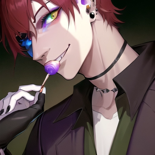 (masterpiece:1.2), (best quality), (ultra detailed), (8k, 4k, intricate),(highly detailed:1.2),(detailed face:1.2), (detailed background),detailed landscape, (dynamic pose:1.2), solo male, hunter,Cunning Eyes ,Feisty look, pet chain collar spiked around neck, fluffy purple jacket, heterochromia green yellow eyes, wolf animal eyes, plain white shirt, auburn antenna spikey hair disney prince messy medium antenna length light, male guardian of the earth , teen wolf, bloody, psycho look in eyes, grinning, smiling , blood , school clothing, auburn hair, bright eyes , heterochromia, no facial hair, background paint spots creative ,masterpiece, digital art masterpiece, chewing on lolipop, dagger ear piercings