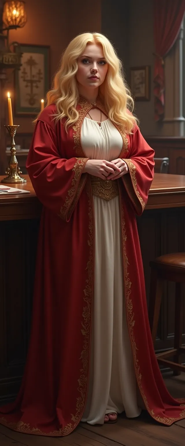Nicola Coughlan as a Dungeons and Dragons Cleric, full figure, in fantasy tavern, wearing silk clerical robes, sharp focus, highlight on face and chest,