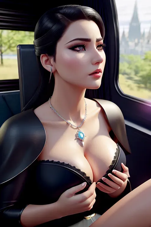 a digital art of,elsa,wearing priest clothes,kneeing,in the bus,big breasts,five fingers per hand,undercut hair,beautiful face,beautiful lips,black eyes,curved eyebrows,curved eyelid,smooth skin,wearing necklace,sharp focus,cgsociety,professional,surreal,highly detailed