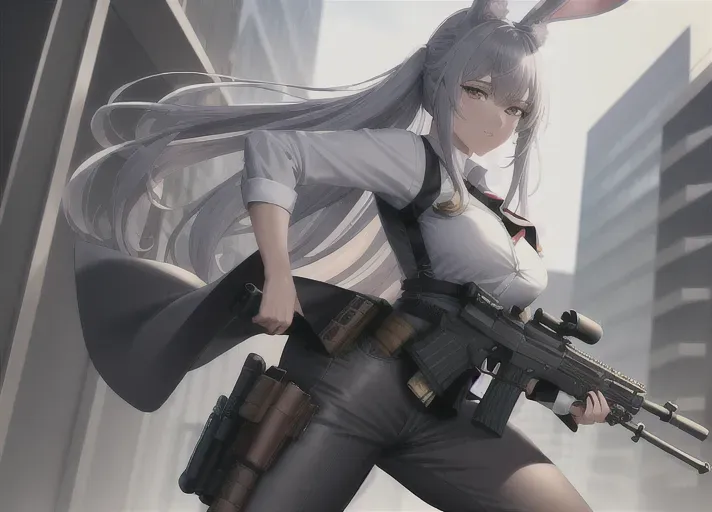 best quality, highly detailed, an anime girl detective wearing arm holstered guns a button up shirt and grey slacks, fluffy bunny ears, fluffy bunny tail, cute, fighting bad guys in an ally, martial arts, perfect figure, absurd resolution, highly detailed background, vivid colors, world lighting, 8k, wallpaper, (leather gun holsters), wide shot, the holstered guns are glocks, backed up with a bunch of bunny cops