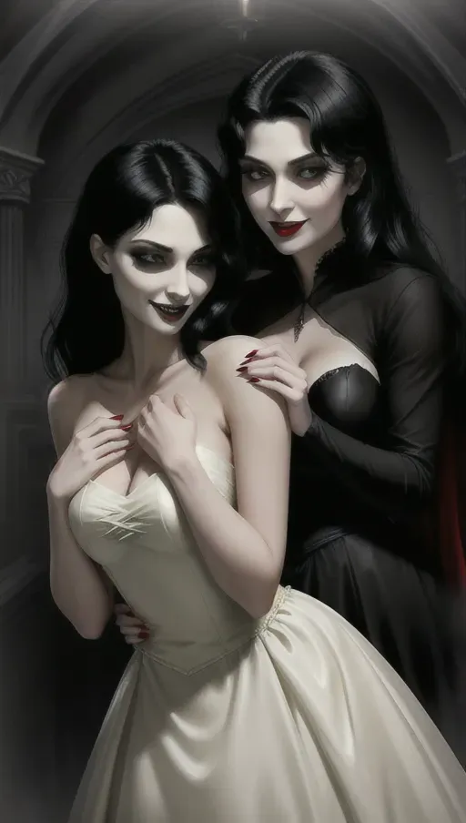 two figures in a dark and foggy goth club, an evil sexy sensual slightly taller dominant female black straight haired vampire woman with a wide toothy predatory smile, taking face of her victim in her hands gazing dominantly into her eyes hypnotizing innocent, light reddish-auburn gentle wavy hair, good girl mid-twenties Anna of Arendelle, relaxed, lips parted, eyes half closed in a modest elegant soft green Nordic ballgown.