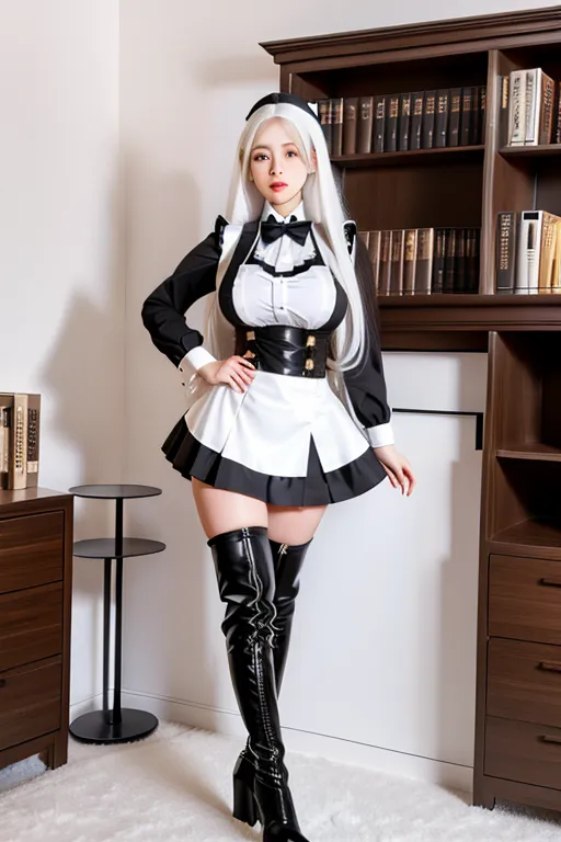 long hair, white hair, brown eyes, miniskirt, black maid uniform, giant breasts, looking at viewer, in living room, high heels, pale skin, thigh high boots