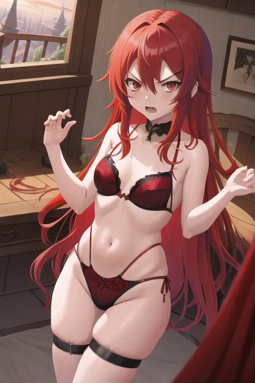 In the style of Mushoku Tensei, Jobless Reincarnation, Young, small breasts, red hair, red eyes, angry, lingerie, standing, castle, bedroom