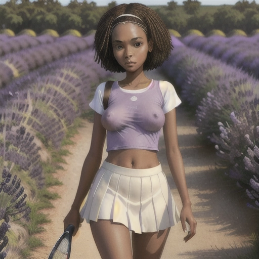 nude woman 18, (boondocks), smaller than average breast size, big ass, black hair, perfect vagina, african,short hair, brown highlights, Miami, dark brown skin, very small areola, sexy eyes, model face, white t-shirt cut above nipples, does not cover nipples, earth tone tennis skirt lifted around waist, to show vagina, in lavender field, looking down into camera