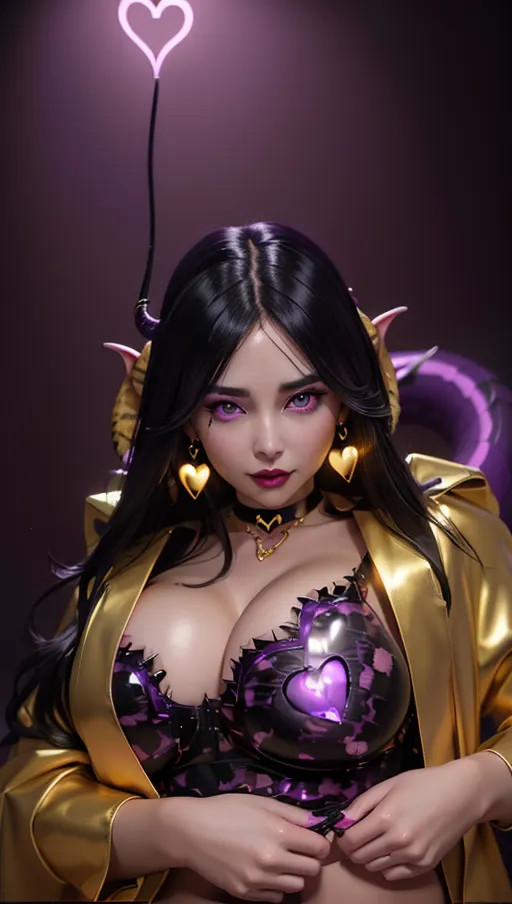 best quality, (((ultra high res))), (detailed face and eyes), hearts, perfect face, heart choker, golden earrings, jewelry, purple glowing heart, black latex, purple heart necklace, (topless), (((succubus))), horns, tail, snake coiling, perfect tits, (huge tits), (golden snake), ((heart nipple patches)), black hair