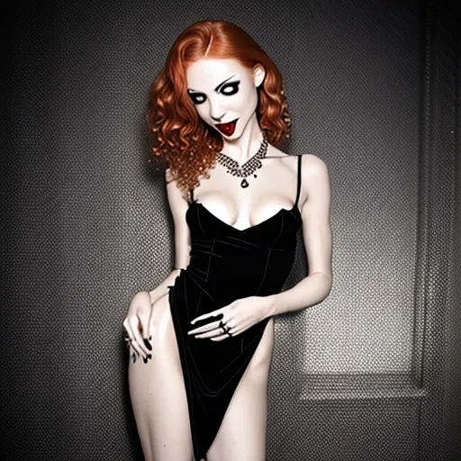 Beautiful skinny redhead thin confident sexy girl wearing a revealing minidress, professional closeup photography with Canon ultra high resolution dslr HD camera , lascivious smile, full makeup, cocktail party scene , libidinous expression, slightly curly hair, updo hairstyle, makeup, flirting with me, sexually excited, looking into my eyes, sexually aroused, sexually attracted to me, opulent jewelry, vampire