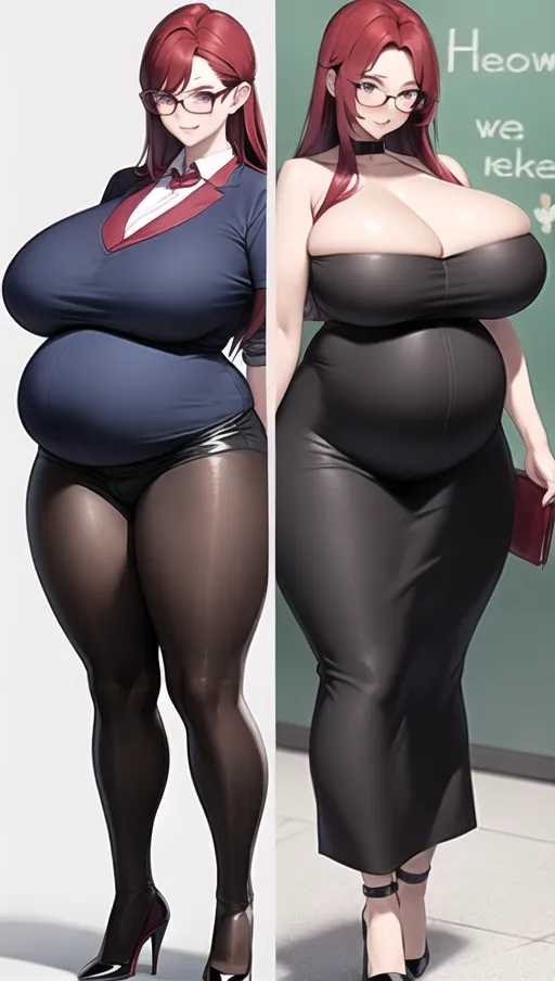Dark red hair, sexy glasses,Sexy women,
sexy teacher, classroom background ,big boobs,pregnant gigantic belly,fat belly and fat boobs,weight gain, weight gain big belly, gigantic fat belly,fat belly ,huge pumped up belly, nylon Socks, black high heels boots, nude boobs, a huge massive belly 2 times the size of the person, ((before and after weight gain)) ,<lora:dpmg_pov_Big_fat_belly:1> ,