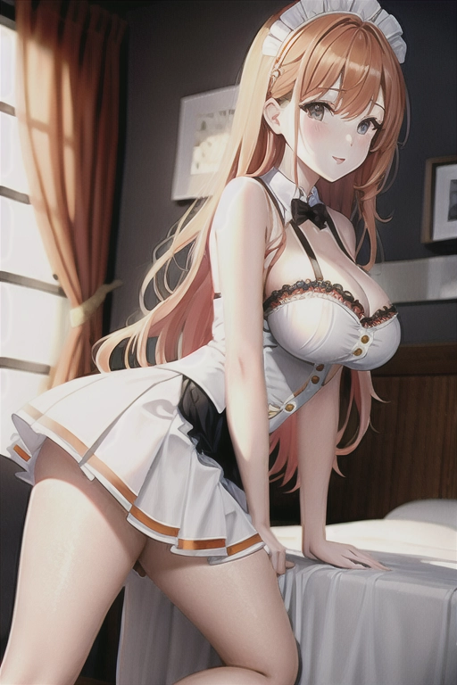 8k quality, brown eyes, pale white skin, orange hair, giant breasts, cleavage, looking at viewer, pov, long hair, wavy hair, maid uniform, high heels, miniskirt, standing in bedroom