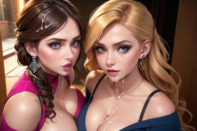2girls, wife, (makeup:1), (random face:1.4), (outfit:1.5), cleavage, 8k, UHD, nice (breasts:1.4), nipples, (slut:1.4), (cum:1.3), jewellery, earrings,