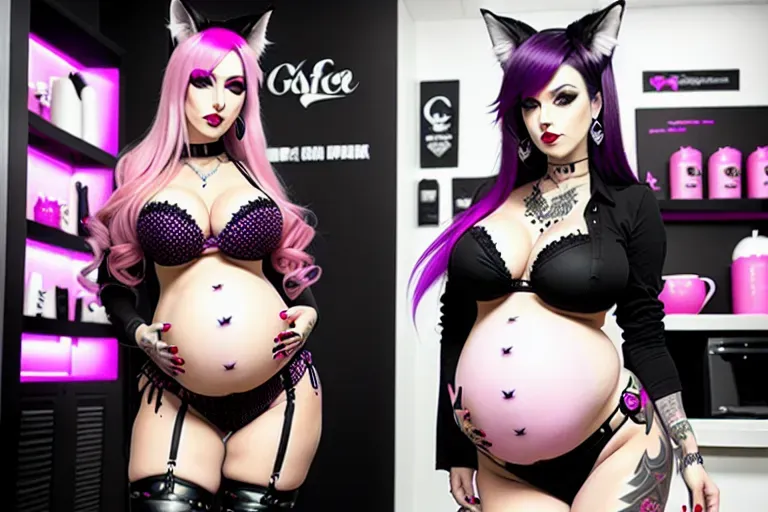 1 goth foxgirls, pink and black hair, tail, arm tattoos, piercings, Bikini pink red and purple, jeans, serving at a cat cafe,big belly, pregnant,