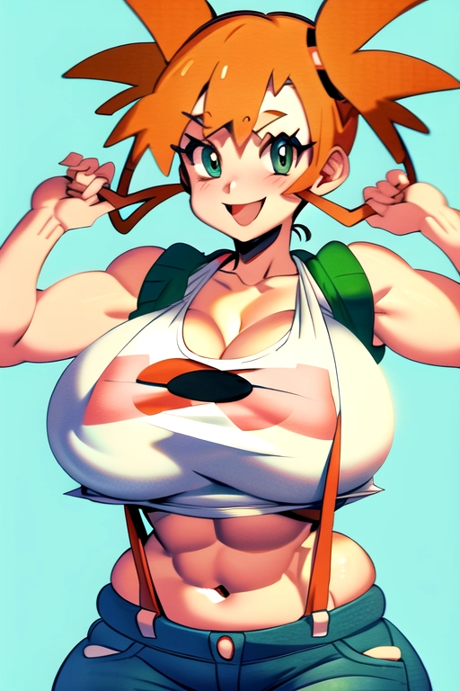 (Pokemon Misty). Red Suspenders. ( crop top.) Tiny jean shorts. (Orange hair pigtails). ((Green outfit)) (((huge breasts))). Huge tits. Cleavage. (Big tits). ((Round soft giant tits)). Smile. ((((Chubby))))
<lora:dpmg_better_bodies:0.1>
Best quality. 8k. Masterpiece.