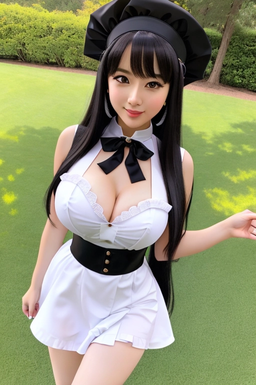 long hair, pale skin, blue hair, brown eyes, black choker, giant H-cup breasts, wavy hair, maid uniform, smiling, full body photo, 28 years old, miniskirt, cleavage, high heels