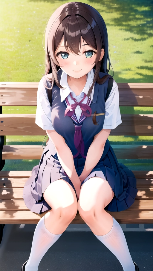 1girl, school uniform, sitting on a bench, sunny, in a park, happy